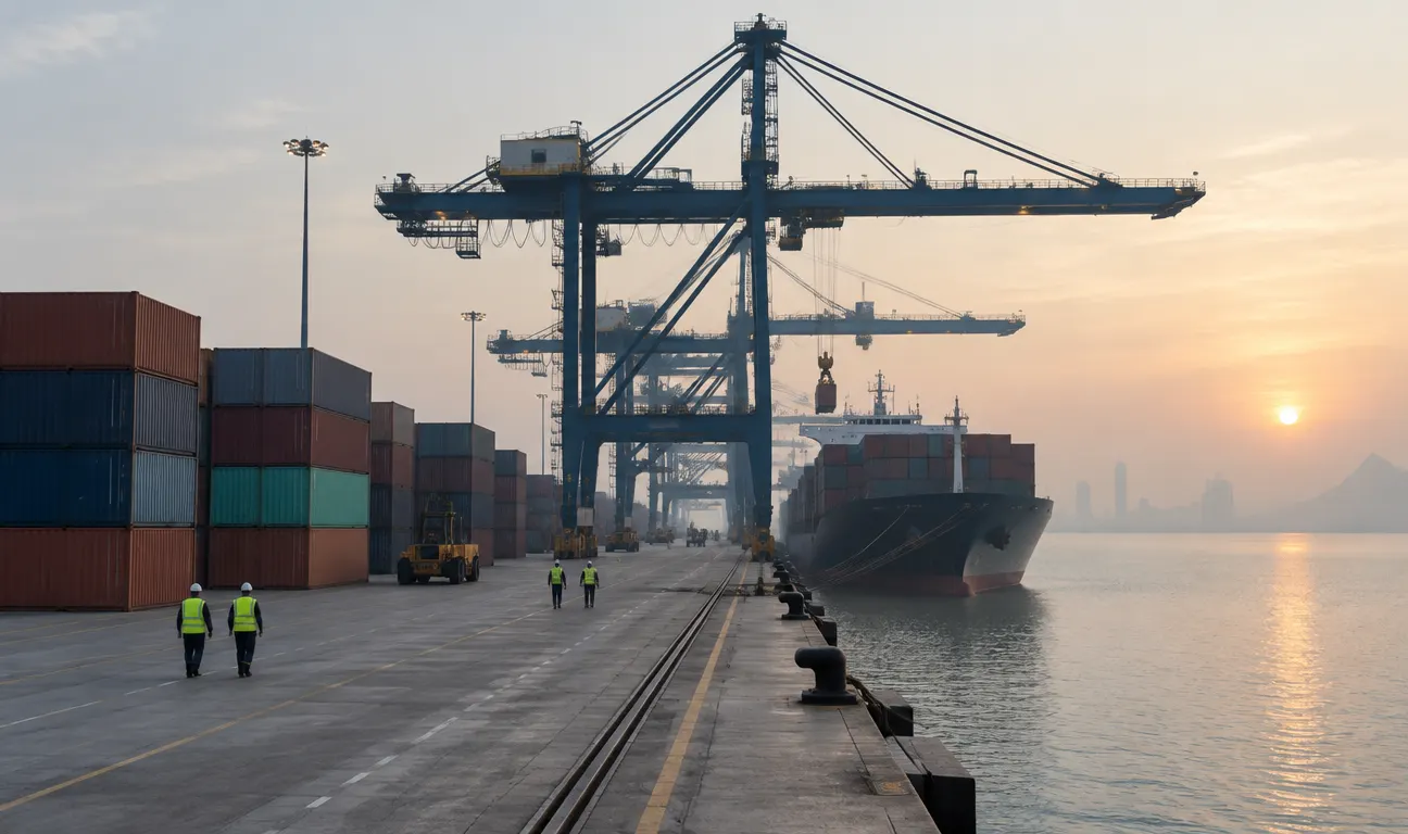 Container terminal on the Gulf in the early morning haze